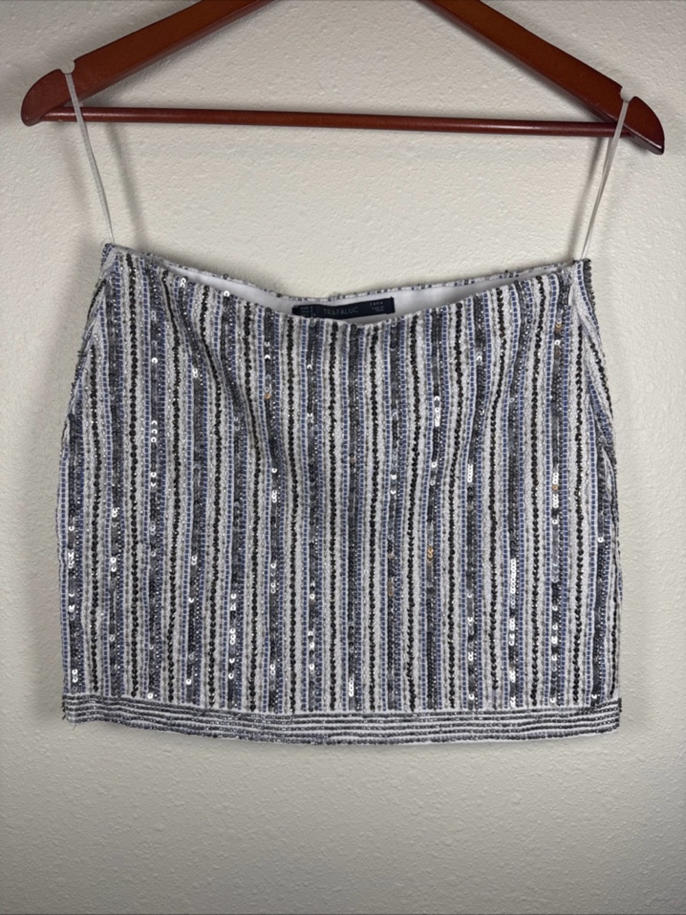 Trafaluc Zara Sequin Beaded Mini Skirt S Festival Cream Gold Silver Blue